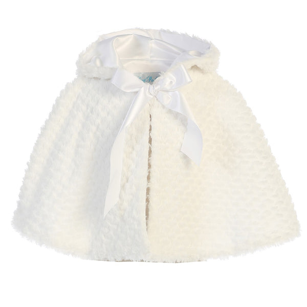 Little Girls White Ribbon Accent Hooded Swirl Texture Faux Fur Cape 2T-6 - SophiasStyle.com